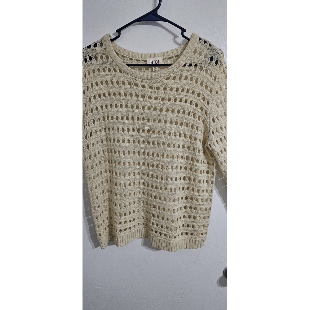 Bibi Womens Perforated Sweater Extra Large Ovory Festival Crochet Hippie Neutral - Picture 3 of 6